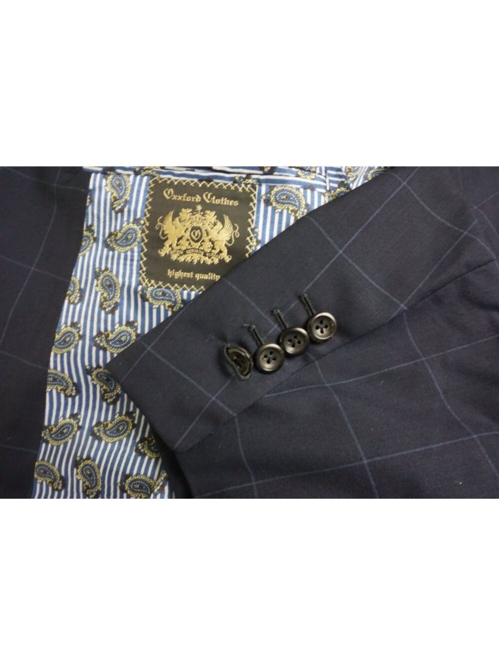Oxxford Clothes NAvy Blue Windowpane 2 Pc Suit Jacket Pants Sz 42R